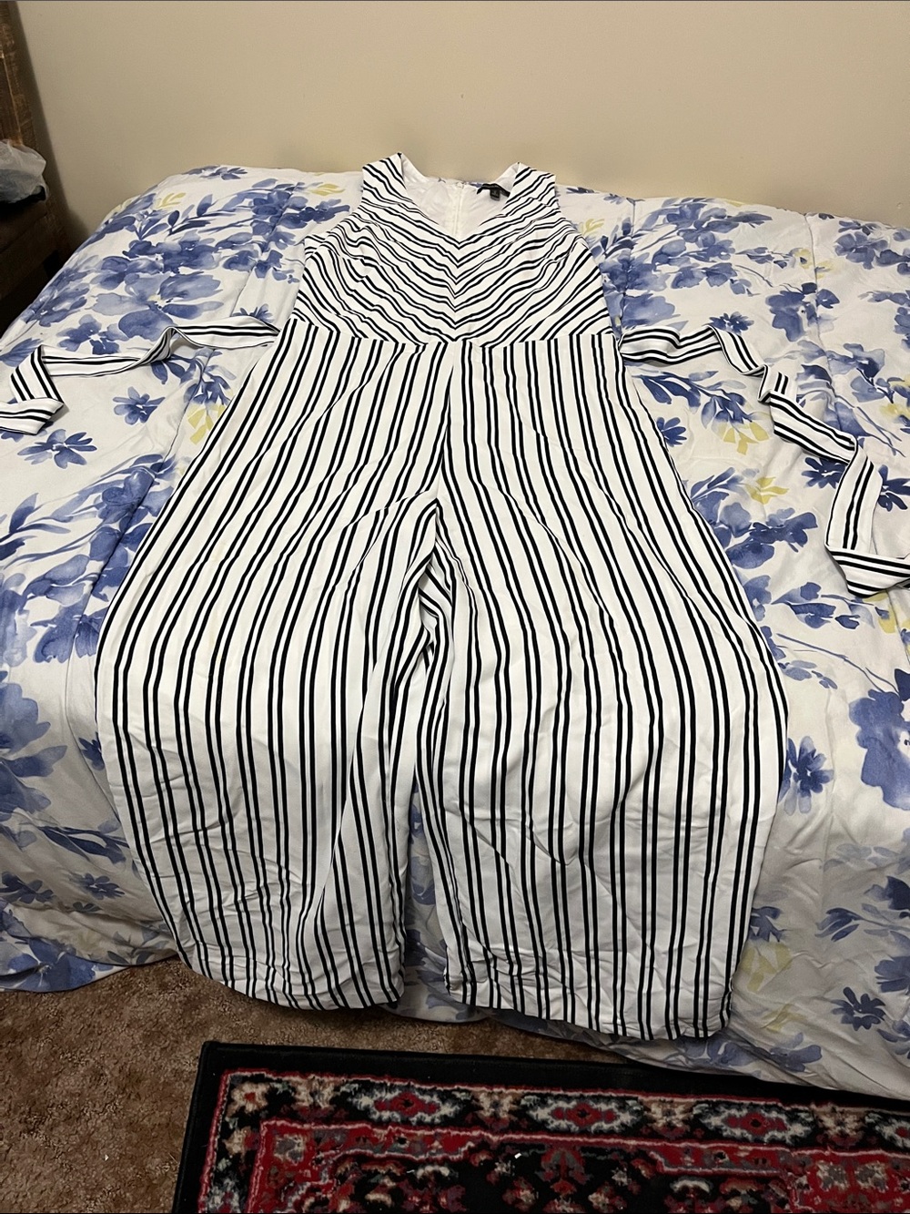 Banana Republic Black & White Striped V-Neck Wide-Leg Jumpsuit